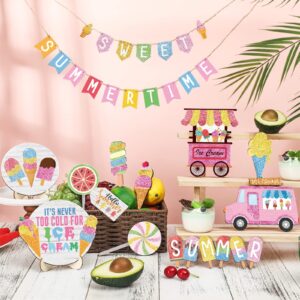 11 Pcs Ice Cream Party Tiered Tray Decor Ice Cream Party Decorations Supplies Wooden Signs for Summer Home Summer Farmhouse Cream Tiered Tray Decor (Ice Cream Style)