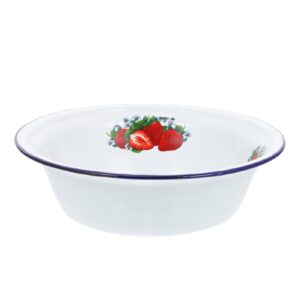 Yardwe Vintage Enamel Bowl Rustic Enamelware Basin Multi- Food Serving Bowl Blue Rim 7.9 Inch (Strawberry Pattern)