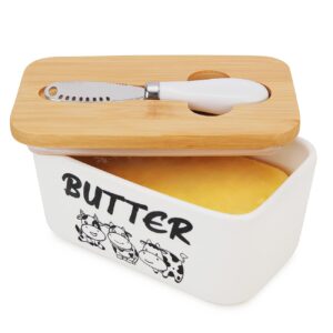 butter dish with lid, kitchenexus ceramic butter keeper with bamboo cover & butter knife spreader, porcelain butter bowl holder container perfect for butter west or east coast butter