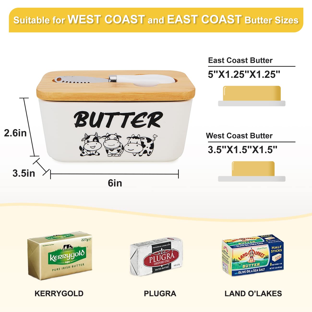 Butter Dish with Lid, Kitchenexus Ceramic Butter Keeper with Bamboo Cover & Butter Knife Spreader, Porcelain Butter Bowl Holder Container Perfect for Butter West or East Coast Butter