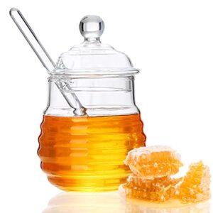 HAIJSEVR Beehive Honey Jar, Glass Honey Pot with Dipper and Lid Cover, Large Container for Bee Pie Jam Jelly Home Kitchen, Clear 10.5 Ounce(300ml)