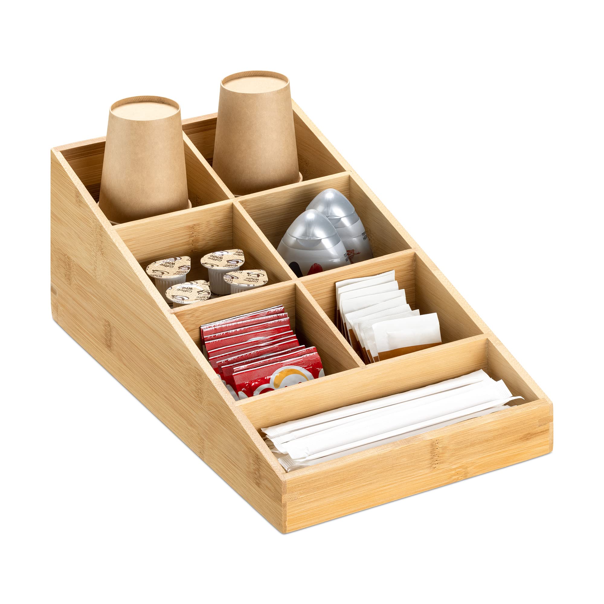 Navaris Coffee and Tea Station - Bamboo Organiser Station Caddy for Coffee and Tea Condiment Accessories Office Home Kitchen Bar - 7 Compartments