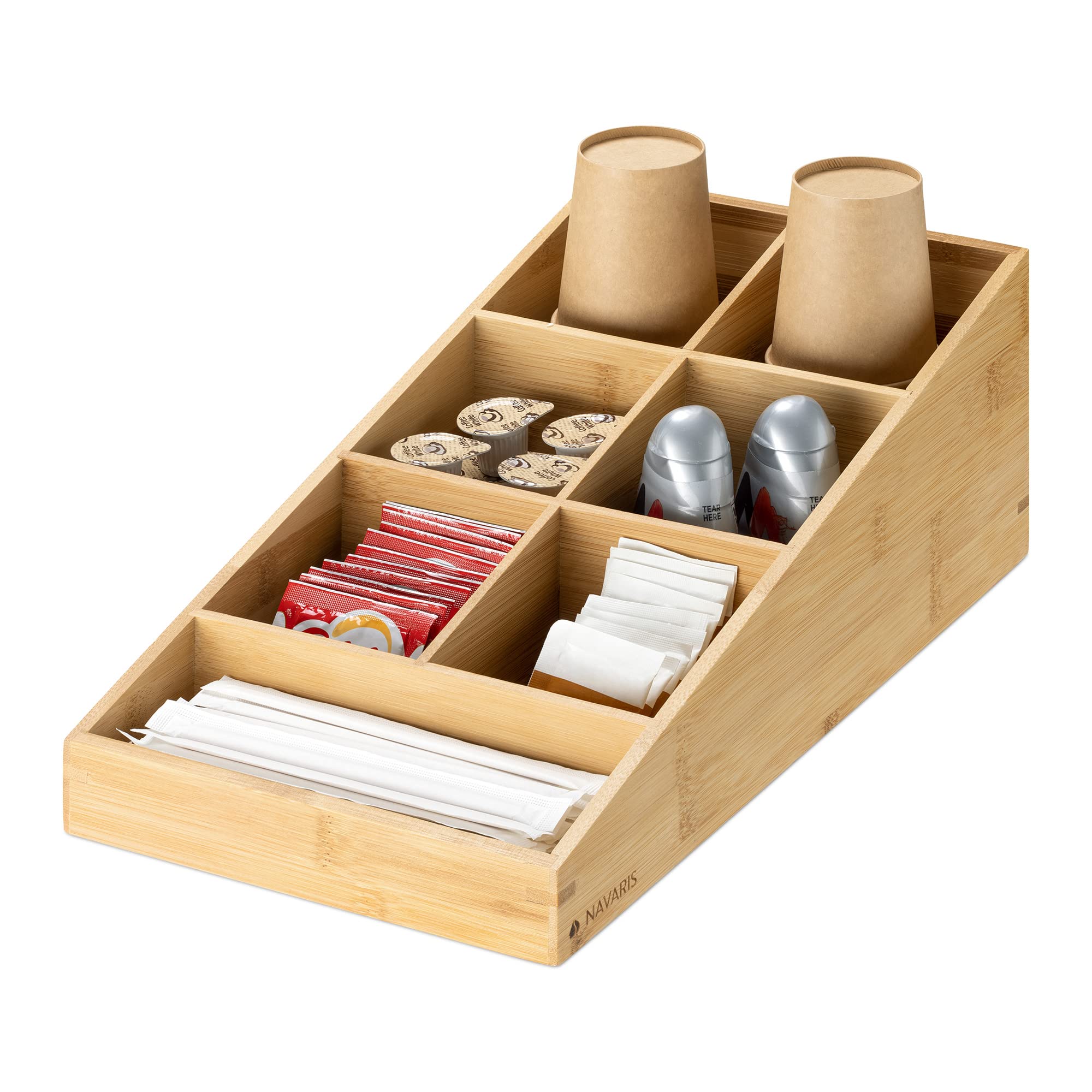 Navaris Coffee and Tea Station - Bamboo Organiser Station Caddy for Coffee and Tea Condiment Accessories Office Home Kitchen Bar - 7 Compartments
