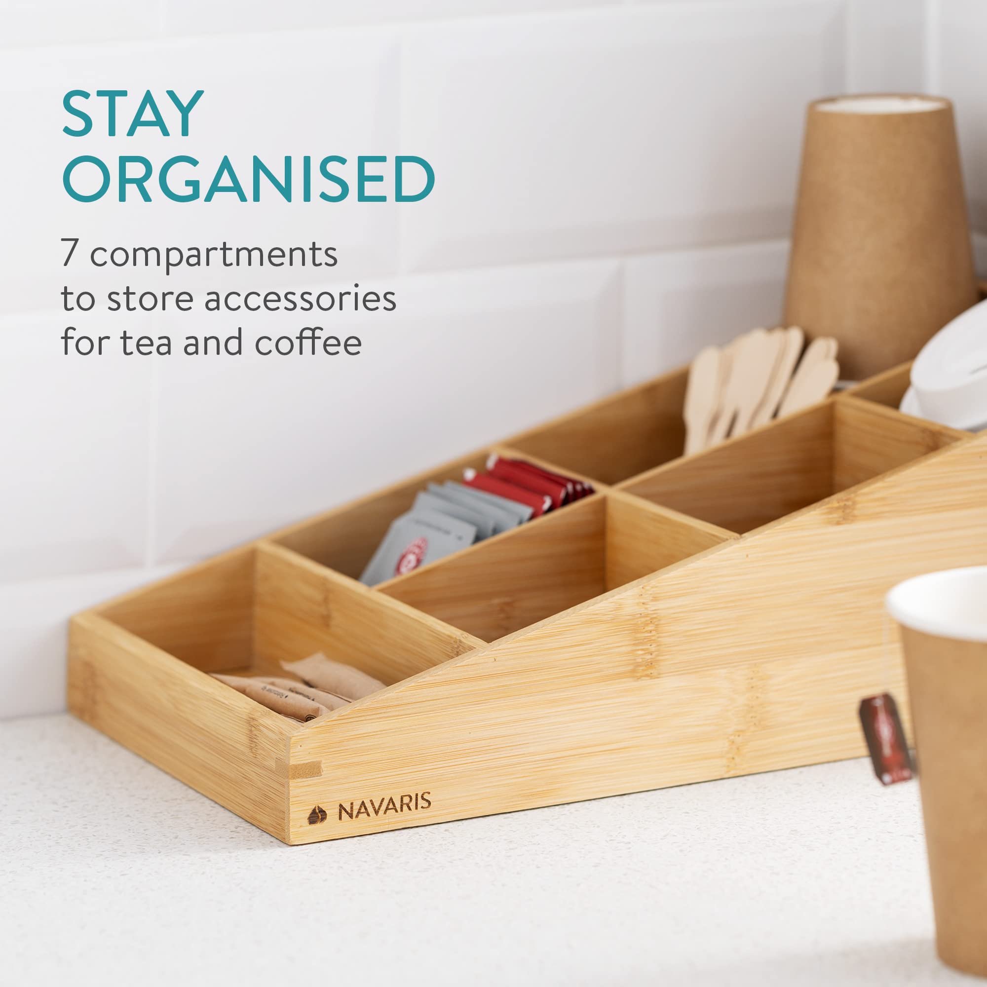 Navaris Coffee and Tea Station - Bamboo Organiser Station Caddy for Coffee and Tea Condiment Accessories Office Home Kitchen Bar - 7 Compartments