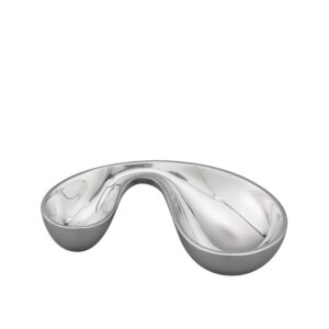 nambe morphik olive bowl | bowl can be heated or chilled | serve dips, salsa, appetizers, olives, guacamole, and more | made of metal alloy | 8.75” x 4.5” | designed by karim rashid