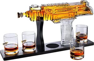 uzi submachine gun whiskey gun decanter and 4 liquor glasses - tik tok gun decanter & glass set - gun gifts for men - whiskey decanter set - bourbon & scotch decanter - firearm shooting gifts for dad