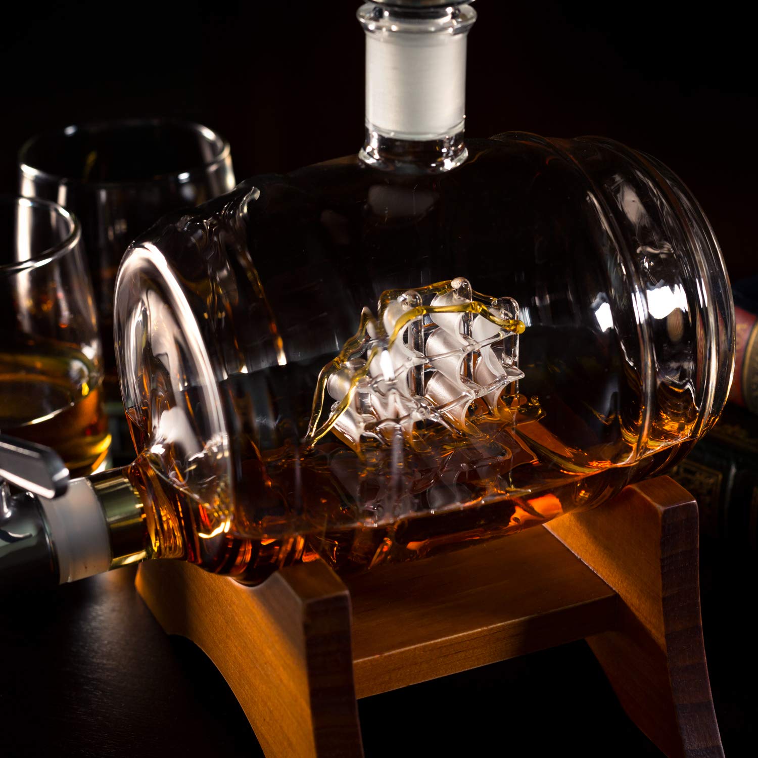 Atterstone Barrel Whiskey Decanter Set. Bourbon, Scotch, Brandy, Whisky Decanter Set. 2 Heavy Crystal Whiskey Glasses, 9 Chilling Whisky Stones & Funnel for Liquor - 1000ml Whiskey Barrel Decanter