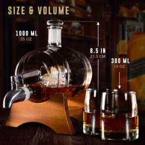 Atterstone Barrel Whiskey Decanter Set. Bourbon, Scotch, Brandy, Whisky Decanter Set. 2 Heavy Crystal Whiskey Glasses, 9 Chilling Whisky Stones & Funnel for Liquor - 1000ml Whiskey Barrel Decanter