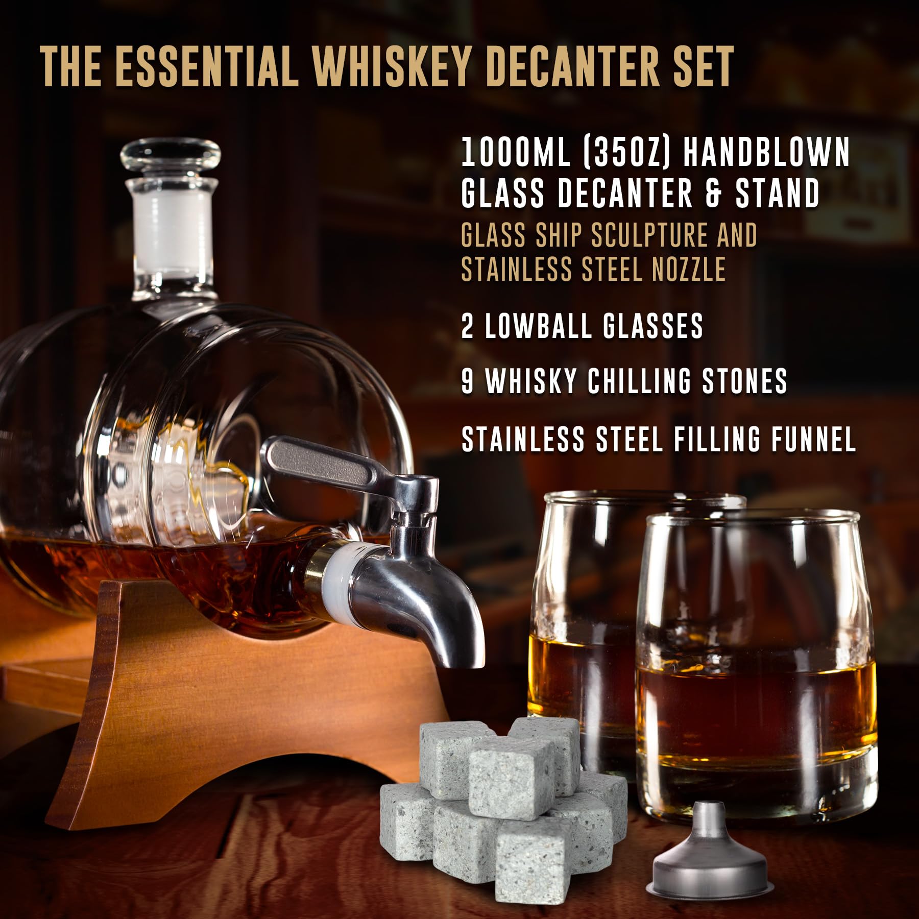 Atterstone Barrel Whiskey Decanter Set. Bourbon, Scotch, Brandy, Whisky Decanter Set. 2 Heavy Crystal Whiskey Glasses, 9 Chilling Whisky Stones & Funnel for Liquor - 1000ml Whiskey Barrel Decanter