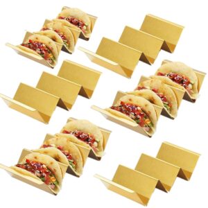 gold taco holder stand with handles for party, set of 6 stainless steel taco tray, rack holds up to 3 tacos each stackable storage, dishwasher oven safe