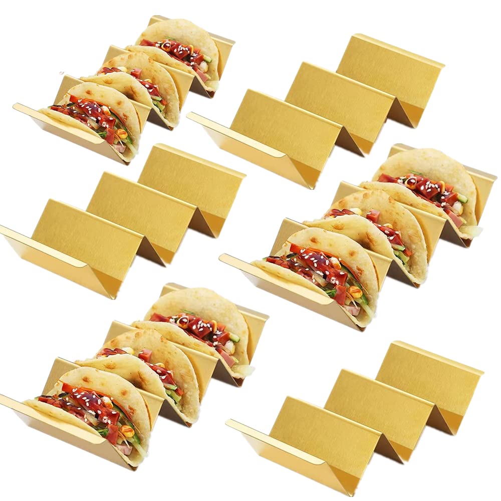 Gold Taco Holder Stand with Handles for Party, Set of 6 Stainless Steel Taco Tray, Rack Holds Up to 3 Tacos Each Stackable storage, Dishwasher Oven safe