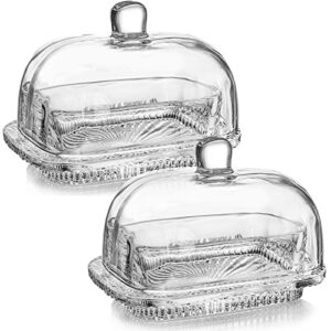 lyellfe 2 pack glass butter dish, food grade clear butter keeper with lid, crystal rectangular butter container for counter and fridge, lead-free, dishwasher safe