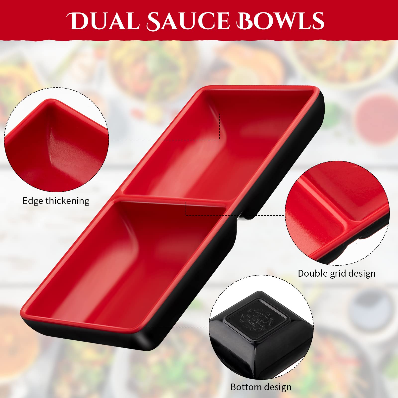 Set of 30 Dual Dipping Bowls Melamine Dual Soy Sauce Dish Black Red Sushi Sauce Cups 5.7 x 2.8 Inch Japanese Style Divided Salsa Bowls 2 Compartments Appetizer Serving Tray Dipping Plates for Kitchen