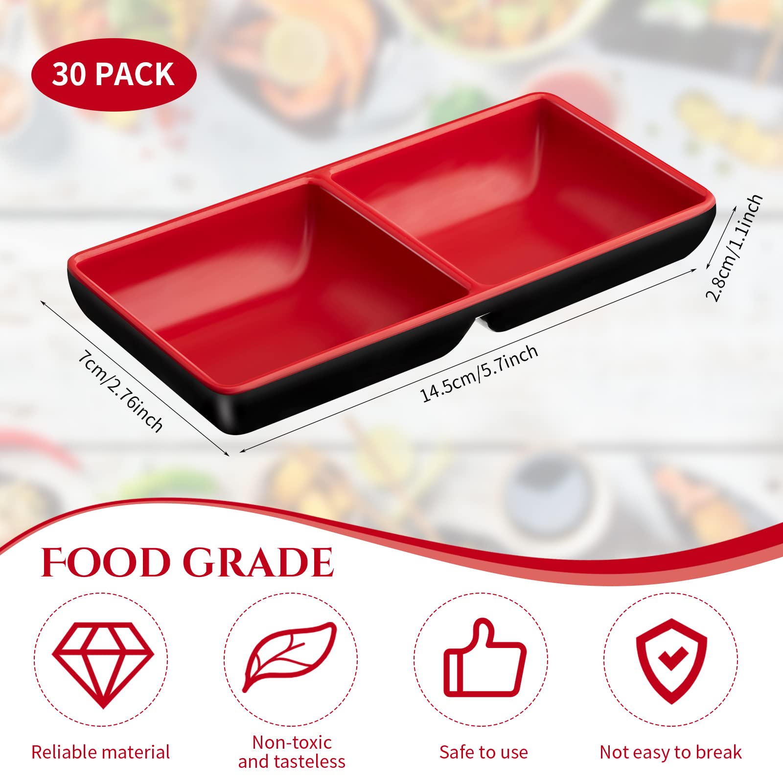 Set of 30 Dual Dipping Bowls Melamine Dual Soy Sauce Dish Black Red Sushi Sauce Cups 5.7 x 2.8 Inch Japanese Style Divided Salsa Bowls 2 Compartments Appetizer Serving Tray Dipping Plates for Kitchen