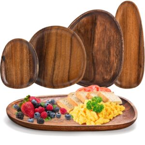 okllen set of 5 acacia wood serving platter and trays, irregular oval solid wood plates serving tray, lightweight wood dinner plates for breakfast, coffee, tea, snack, plant, housewarming gift