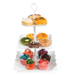 white 3-tiered serving stands, cake dessert table display stand, cake pop holder stands, cupcake tower, dessert treats candy station stands for birthday baby shower party table decorations