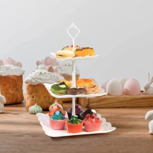 White 3-Tiered Serving Stands, Cake Dessert Table Display Stand, Cake Pop Holder Stands, Cupcake Tower, Dessert Treats Candy Station Stands for Birthday Baby Shower Party Table Decorations