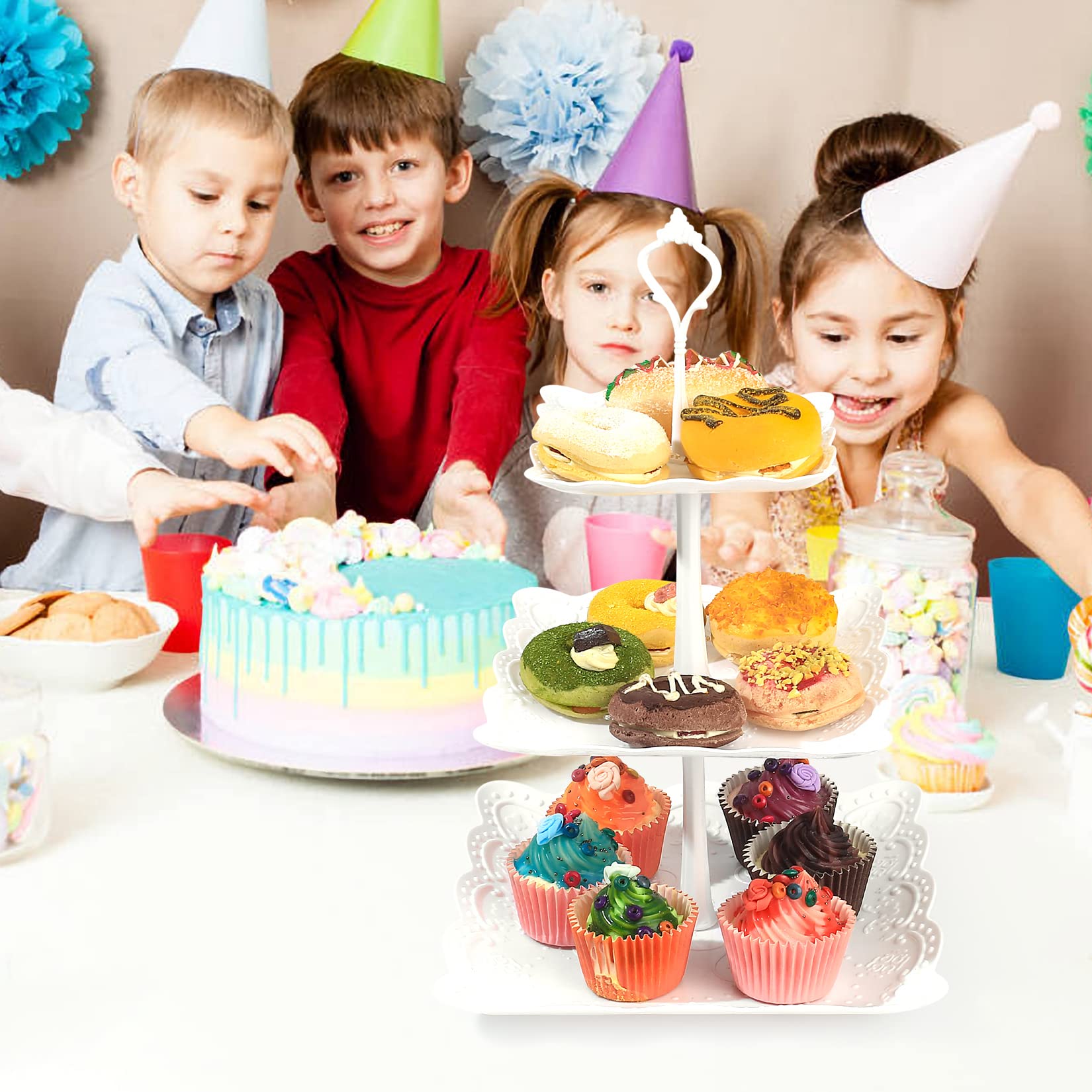 White 3-Tiered Serving Stands, Cake Dessert Table Display Stand, Cake Pop Holder Stands, Cupcake Tower, Dessert Treats Candy Station Stands for Birthday Baby Shower Party Table Decorations