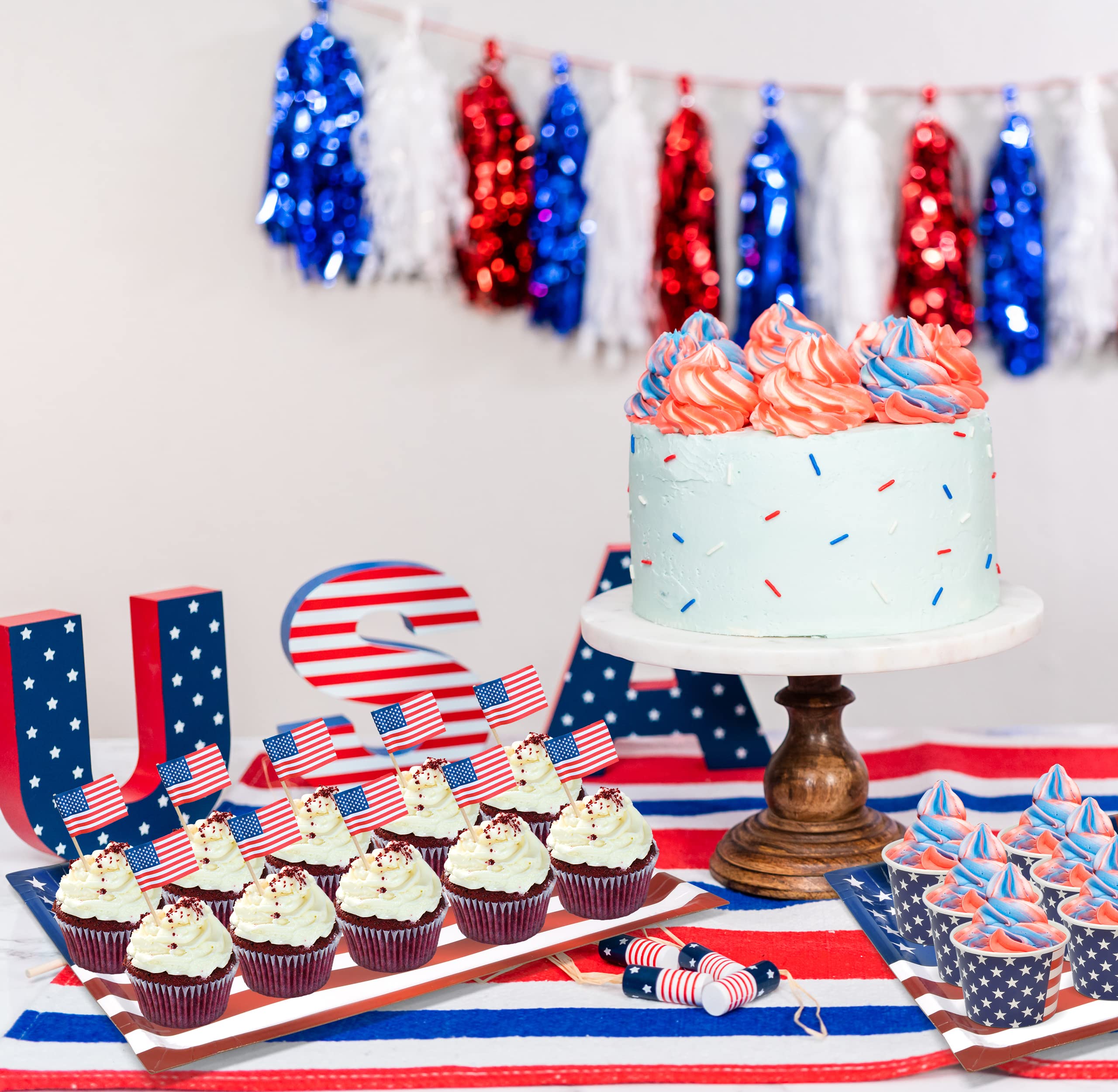 4th of July Plates Serving Trays 10 Disposable Patriotic American Flag Large 10.75" X 15.75" Heavy Duty Rectangle Paper Cardboard Tray Platter Cupcake Display Party Memorial Day Tableware Supplies