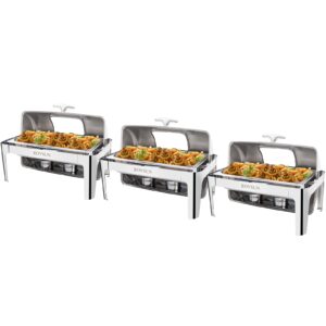 rovsun 3 pack roll top chafing dish buffet set,9 quart rectangular nsf stainless steel chafer for catering,buffet servers and warmers set with glass window for wedding, parties, banquet, full size