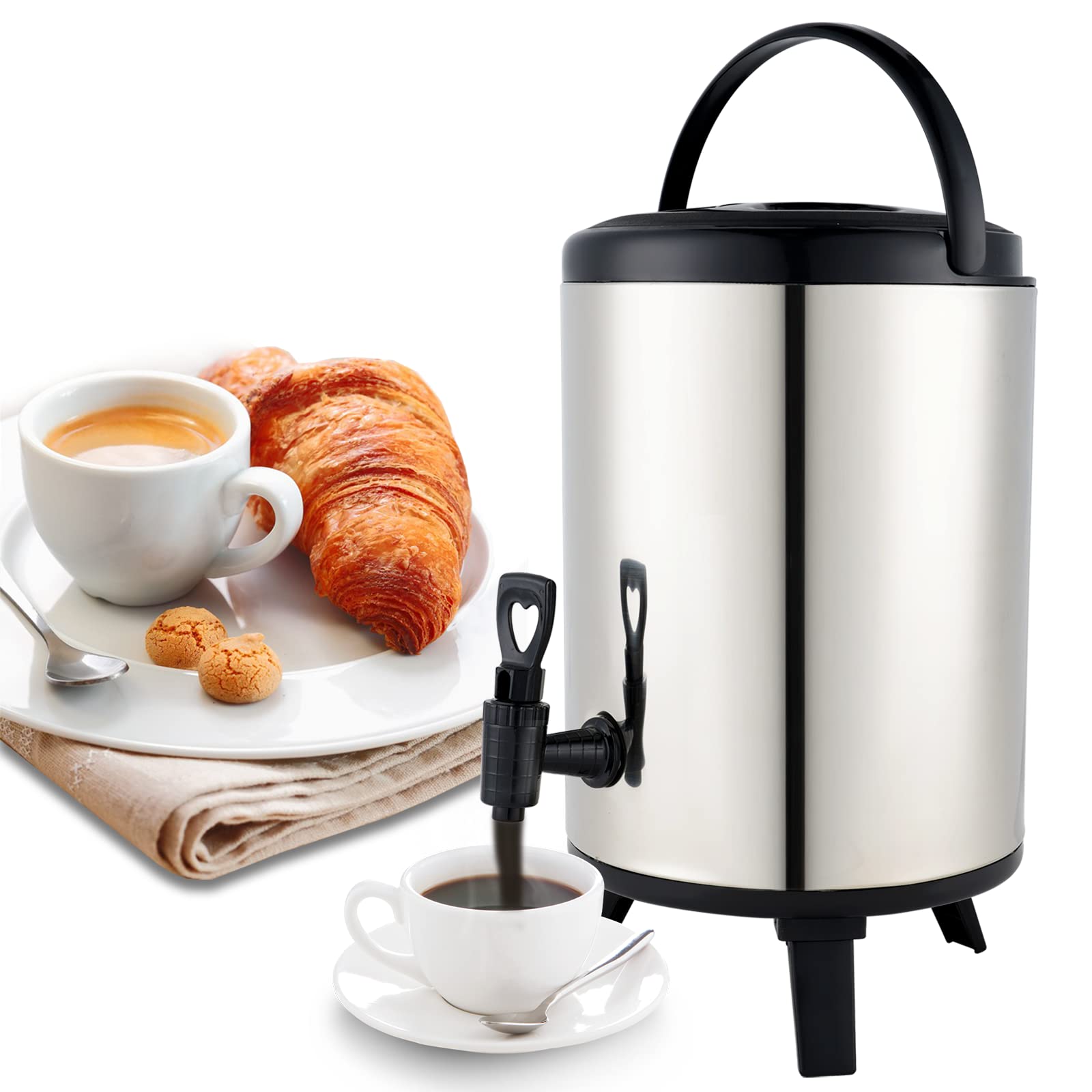 YMJOINMX Food Grade Stainless Steel Insulated Beverage Dispenser 8L 2.1Gallon Insulated Thermal Hot and Cold Beverage Dispenser for Hot Tea Coffee Cold Milk Water Juice (304 Stainless Steel)