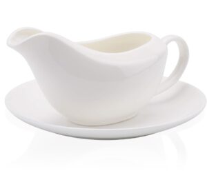 yesland gravy sauce boat with saucer stand -13.5 oz fine white ceramic gravy boat for dining, holiday meals & parties