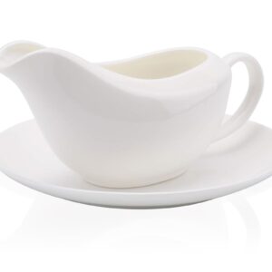 Yesland Gravy Sauce Boat with Saucer Stand -13.5 Oz Fine White Ceramic Gravy Boat for Dining, Holiday Meals & Parties