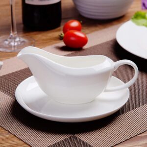 Yesland Gravy Sauce Boat with Saucer Stand -13.5 Oz Fine White Ceramic Gravy Boat for Dining, Holiday Meals & Parties