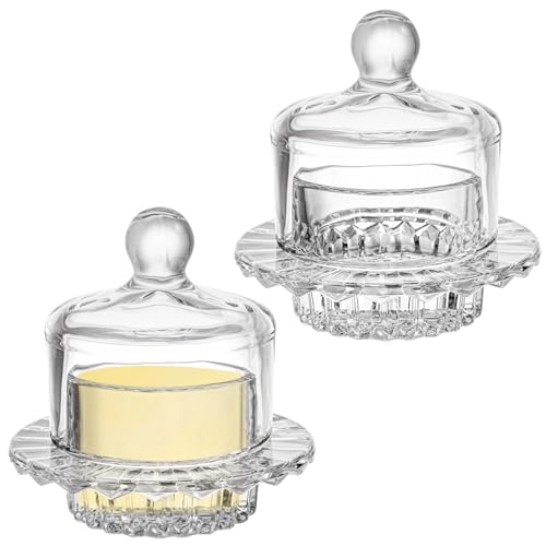 Frcctre 2 Pack Glass Butter Dish, Small Round Glass Butter Keeper with Dome Lid and Handle, Clear Butter Serving Dish Decorative Crystal Butter Container Butter Cloche for Candy, Dessert, Jam