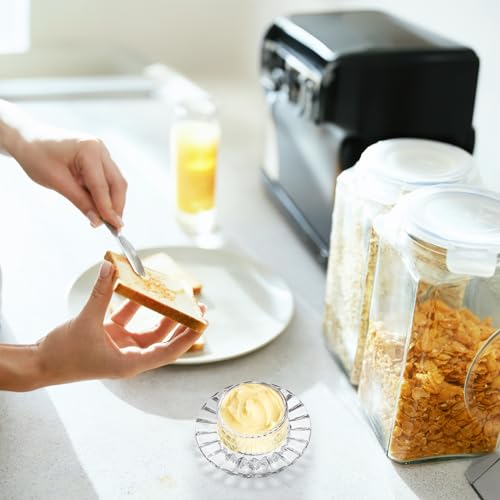 Frcctre 2 Pack Glass Butter Dish, Small Round Glass Butter Keeper with Dome Lid and Handle, Clear Butter Serving Dish Decorative Crystal Butter Container Butter Cloche for Candy, Dessert, Jam