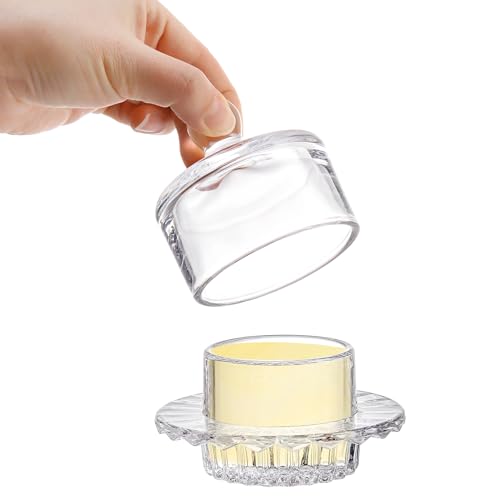 Frcctre 2 Pack Glass Butter Dish, Small Round Glass Butter Keeper with Dome Lid and Handle, Clear Butter Serving Dish Decorative Crystal Butter Container Butter Cloche for Candy, Dessert, Jam