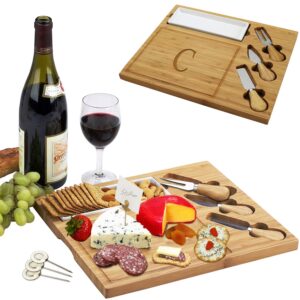 picnic at ascot personalized monogrammed engraved bamboo cutting board for cheese & charcuterie platter- includes knives, ceramic dish, & cheese markers - designed and quality checked in usa