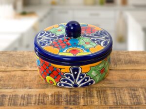 enchanted talavera traditional authentic mexican hand painted talavera ceramic tortilla warmer bowl with lid colorful spanish mexican serveware roti pancakes party serving, turquoise
