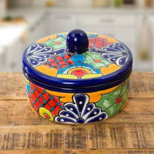 Enchanted Talavera Traditional Authentic Mexican Hand Painted Talavera Ceramic Tortilla Warmer Bowl With Lid Colorful Spanish Mexican Serveware Roti Pancakes Party Serving, Turquoise