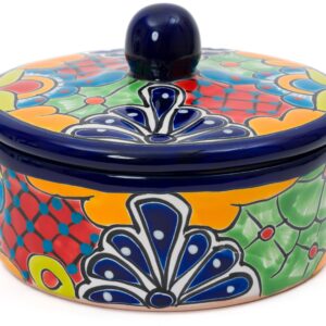 Enchanted Talavera Traditional Authentic Mexican Hand Painted Talavera Ceramic Tortilla Warmer Bowl With Lid Colorful Spanish Mexican Serveware Roti Pancakes Party Serving, Turquoise