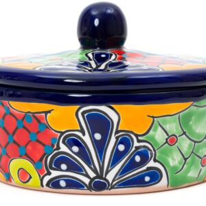 Enchanted Talavera Traditional Authentic Mexican Hand Painted Talavera Ceramic Tortilla Warmer Bowl With Lid Colorful Spanish Mexican Serveware Roti Pancakes Party Serving, Turquoise