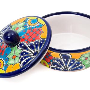 Enchanted Talavera Traditional Authentic Mexican Hand Painted Talavera Ceramic Tortilla Warmer Bowl With Lid Colorful Spanish Mexican Serveware Roti Pancakes Party Serving, Turquoise