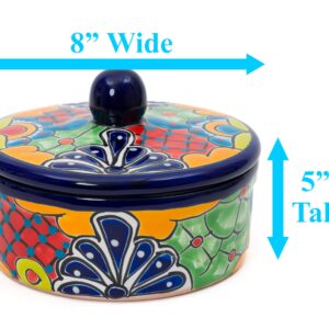 Enchanted Talavera Traditional Authentic Mexican Hand Painted Talavera Ceramic Tortilla Warmer Bowl With Lid Colorful Spanish Mexican Serveware Roti Pancakes Party Serving, Turquoise