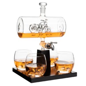 motorcycle decanter whiskey & wine decanter set 1100ml by the wine savant with 4 whiskey glasses, motorcycle gifts, harley davidson motorbike gifts, drink dispenser for wine, scotch, bourbon 19"h 8"w
