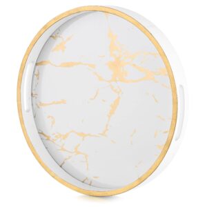 hanobe round decorative coffee tray: marble pattern serving circle tray with handles coffee table trays for living room bar drink party home kitchen, white