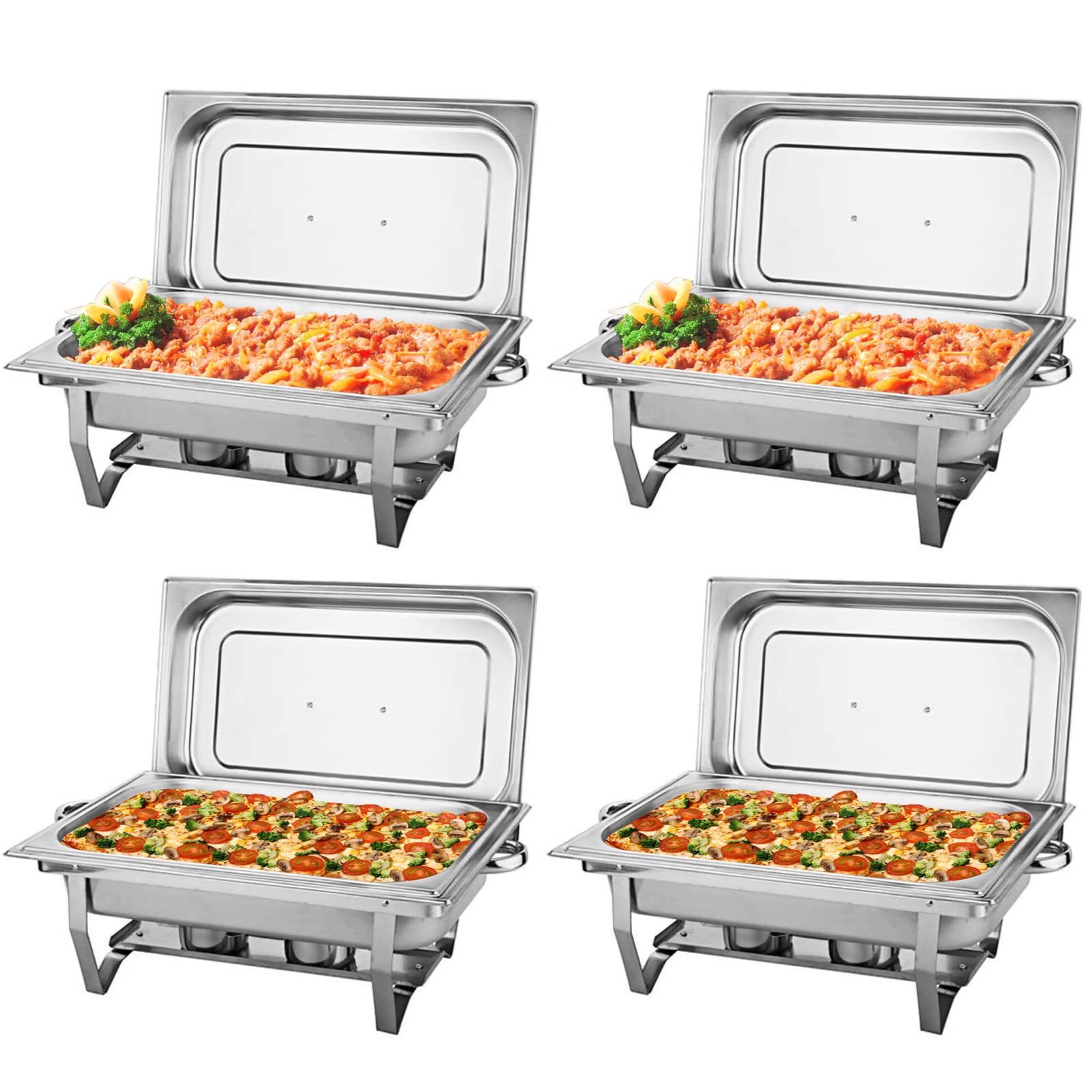 Kweetle Pack of 4 Chafing Dish 8 Quart Stainless Steel Foldable Rectangular Chafer Full Size Food Pan Fuel Holder and Lid Food Warmers for Pary Banquet Buffets