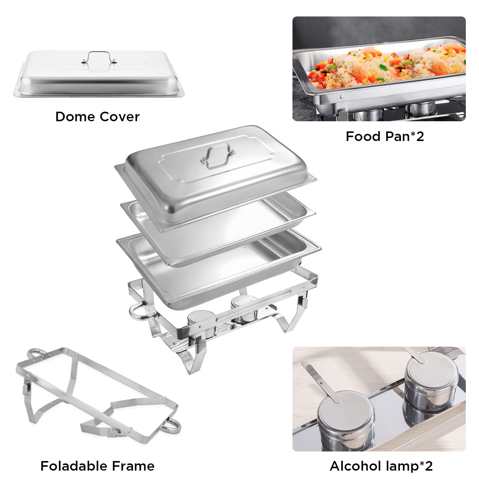 Kweetle Pack of 4 Chafing Dish 8 Quart Stainless Steel Foldable Rectangular Chafer Full Size Food Pan Fuel Holder and Lid Food Warmers for Pary Banquet Buffets