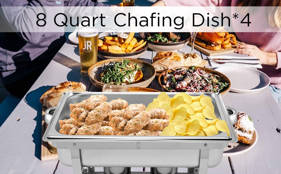 Kweetle Pack of 4 Chafing Dish 8 Quart Stainless Steel Foldable Rectangular Chafer Full Size Food Pan Fuel Holder and Lid Food Warmers for Pary Banquet Buffets