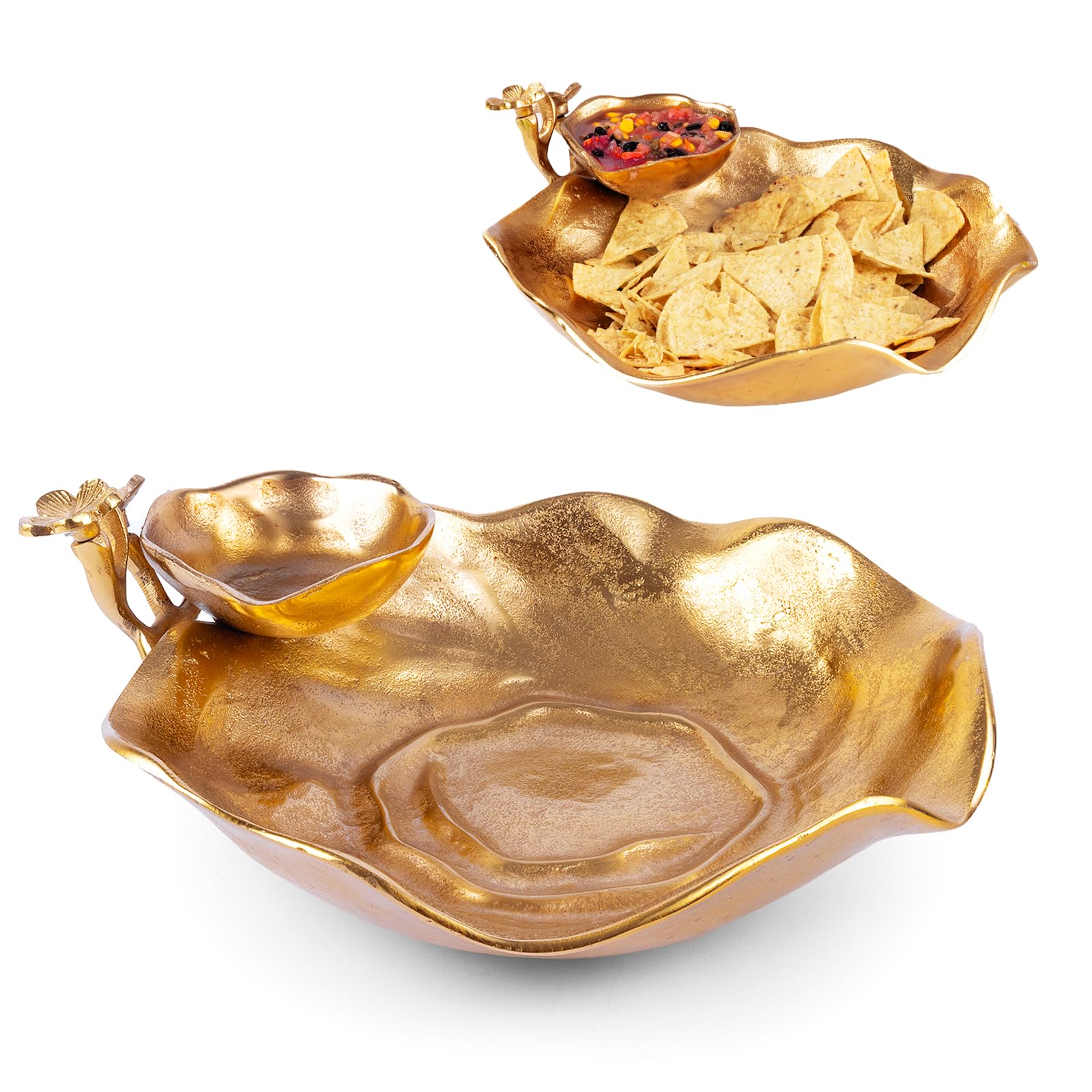 Chip and Dip Serving Bowl Gold Brass Tiered Snack, Candy & Salad Bowl Decorative Centerpiece Serving Platter for Nuts, Chip and Dip, Salsas, Food Tray, Serveware Home Decor Gift Entertaining 1PC