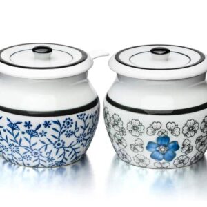 Evannt Ceramic Salt Cellar with Lid and Spoon, Salt and Pepper Bowls Set of 2 Porcelain Condiment Jars Spice Container Salt Spice Seasoning Box (Pattern 1#)