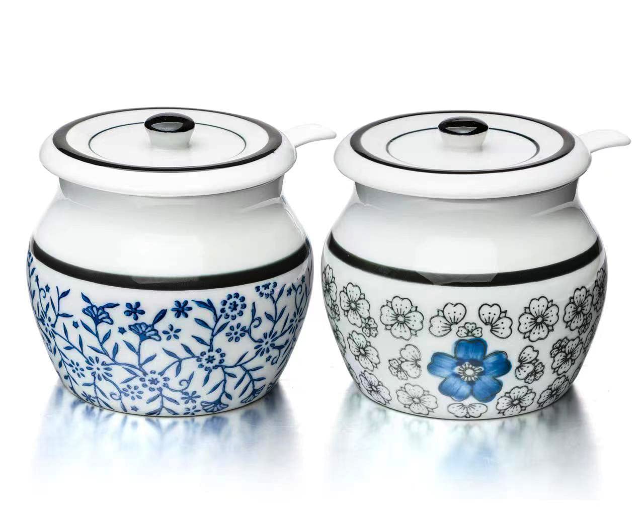 Evannt Ceramic Salt Cellar with Lid and Spoon, Salt and Pepper Bowls Set of 2 Porcelain Condiment Jars Spice Container Salt Spice Seasoning Box (Pattern 1#)