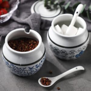 Evannt Ceramic Salt Cellar with Lid and Spoon, Salt and Pepper Bowls Set of 2 Porcelain Condiment Jars Spice Container Salt Spice Seasoning Box (Pattern 1#)