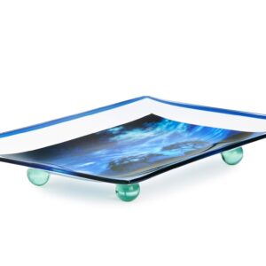 GAC Unique Landscape Design Rectangular Tempered Glass Serving Tray on Glass Ball Legs – 10x14 Inch – Break and Chip Resistant – Attractive Blue Colored Serving Platter