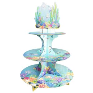 ocean baby shower decorations under the sea cupcake stand, 3 tier seabed animal watercolor cupcake holders mermaid creatures theme cake plates party for boy girl welcome party supplies