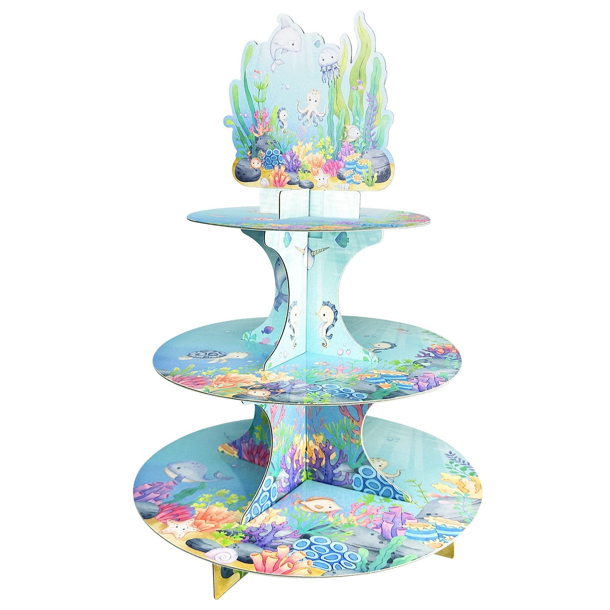 Ocean Baby Shower Decorations Under The Sea Cupcake Stand, 3 Tier Seabed Animal Watercolor Cupcake Holders Mermaid Creatures Theme Cake Plates Party for Boy Girl Welcome Party Supplies